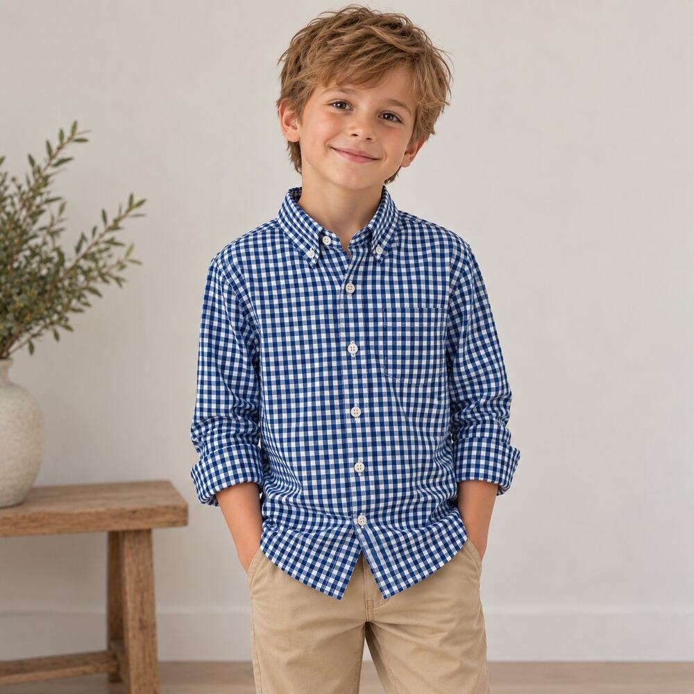 J Crew Factory Blue White Gingham Button Down Boy's NWT Shirt 8